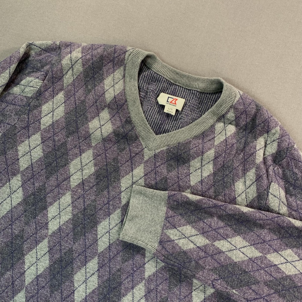 Cutter &‎ Buck Sweater Men LG Gray Purple Argyle V Neck Silk Blend Golf Pullover